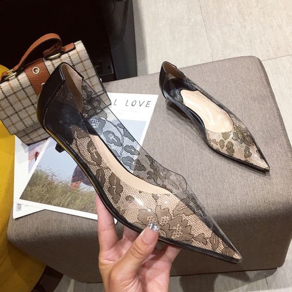 

celetribies transparent lace flower pattern kitten heels shoes woman pointed toe shallow slip on pumps thin high heels footwear, Black