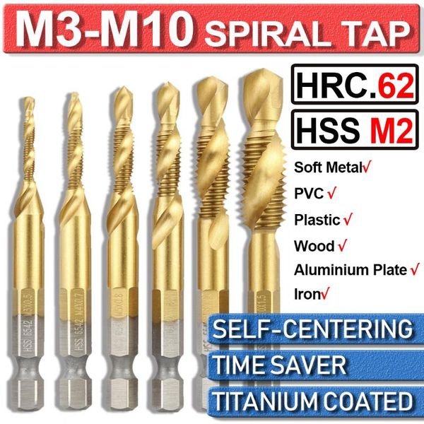 

6pcs m3-m10 combination drill sprial tap bit set hss titanium coated 1/4'' hex shank thread cutter metal woodworking tools d30