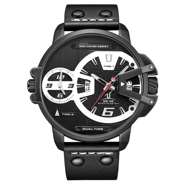 

weide quartz men's watches dual time zone black waterproof business watch analog fashion men wristwatch montre homme, Slivery;brown