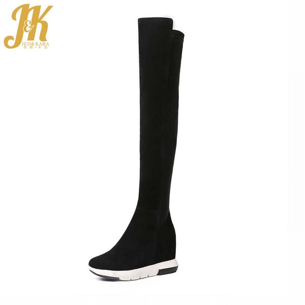 

jk leisure style stretch over the knee boots natural leather suede winter boots height increasing rubber women shoes 2020, Black