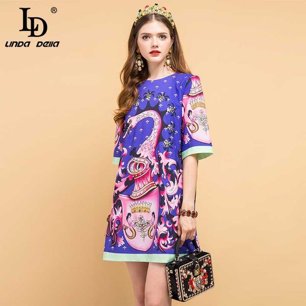 

ld linda della new summer fashion designer vintage dress women's gorgeous beading animal printed elegant mini vacation dresses, White;black