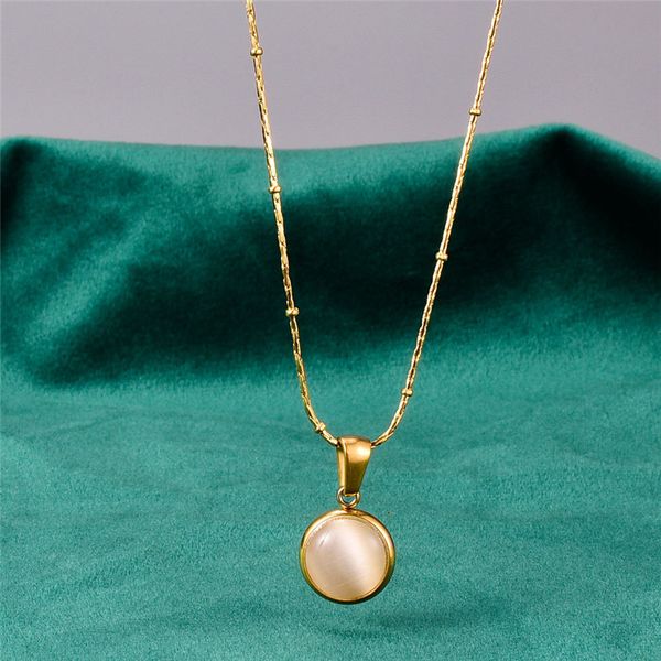 

gold plated stainless steel round pendant necklace women fashion jewelry, simple neck chain simulated white opal necklaces, Silver