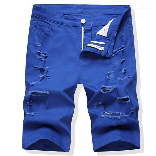 

holes mens designer jean summer straight knee length regular mens shorts fashion male clothing solid color, Blue