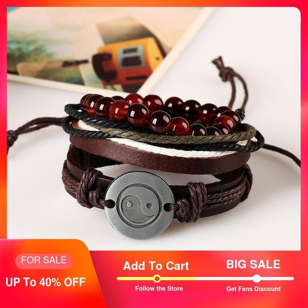 

vintage leather bracelet men stainless steel tai chi wrap bracelet wrap red beads bracelets & bangles male fashion jewelry 2020, Golden;silver
