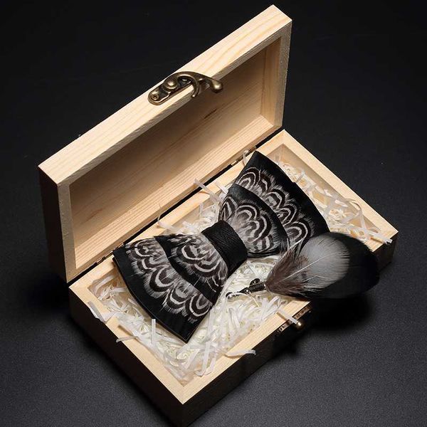 

JEMYGINS original design bowtie white natural bird feather bow tie handmade leather bow tie brooch wooden box wedding party gift