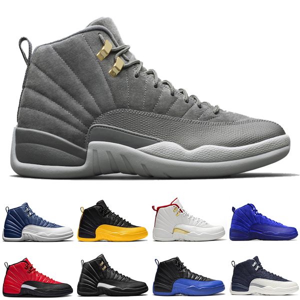 

12 stone blue university gold reverse flu game dark concord wntr basketball shoes 12s taxi dark grey michigan mens sports sneakers trainers, Black