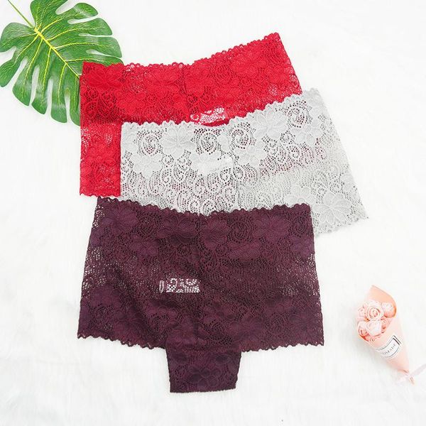 

3pcs/lots lace panties plus size women ladies underpantsintimate panty translucent mid rise super thin boyshort underwear, Black;pink