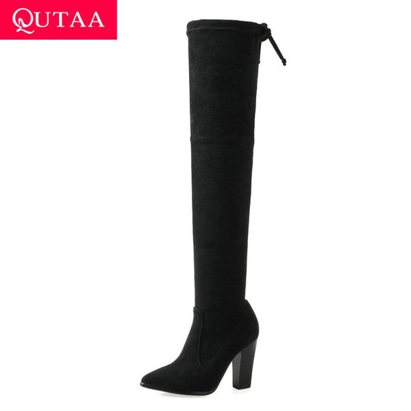 

qutaa 2020 new autumn winter stretch fabrics over the knee boots fashion zipper lace up thick high heel women shoes size 34-43, Black