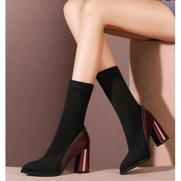 

boots winter female knitting socks women pumps sleeve round toe booties shoes woman thick heel high ladies, Black