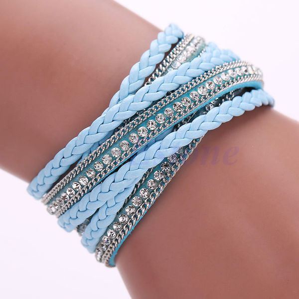 

fashion leather wrap wristband cuff punk braid chain crystal rhinestone bracelet lx9d, Black