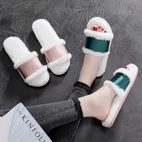 

women faux fur slippers warm plush ladies indoor slipper comfortable open toe soft winter floor shoes woman fashion slides sh449, Black