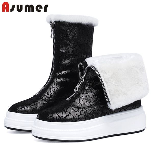 

asumer 2020 thick fur winter snow boots women genuine leather flat shoes comfortable warm ankle boots women, Black