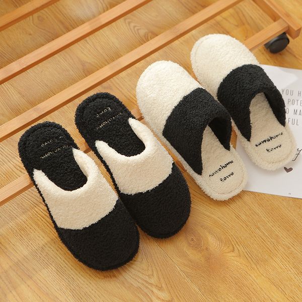 

winter new cotton slippers simple striped color indoor female plush slippers non-slip warm wear - resistant lovers home, Black