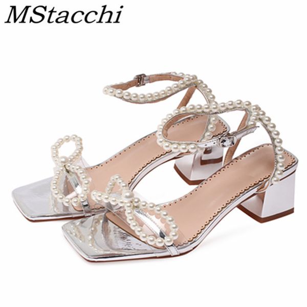 

mstacchi fashion chunky heels women shoes pointed toe buckle pearl sandals party transparency pvc women shoes high heel sandals, Black