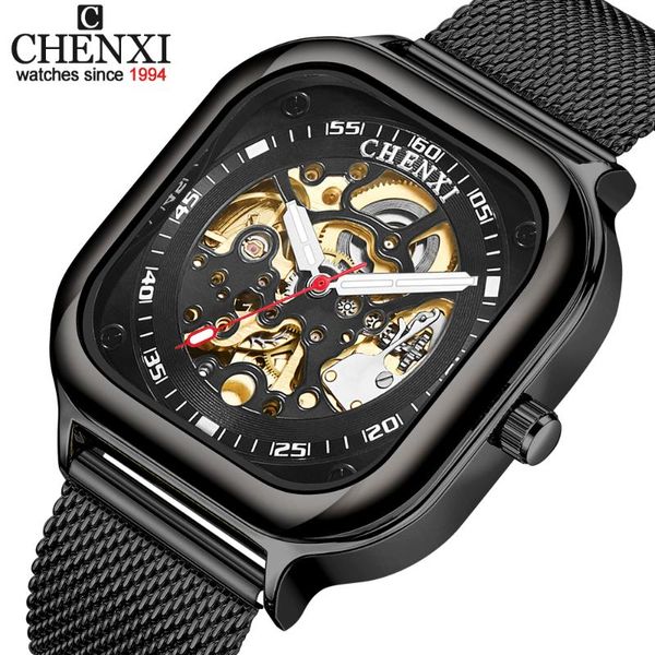 

chenxi men watch tourbillon business clock automatic mechanical wristwatch transparent waterproof mens watches, Slivery;brown