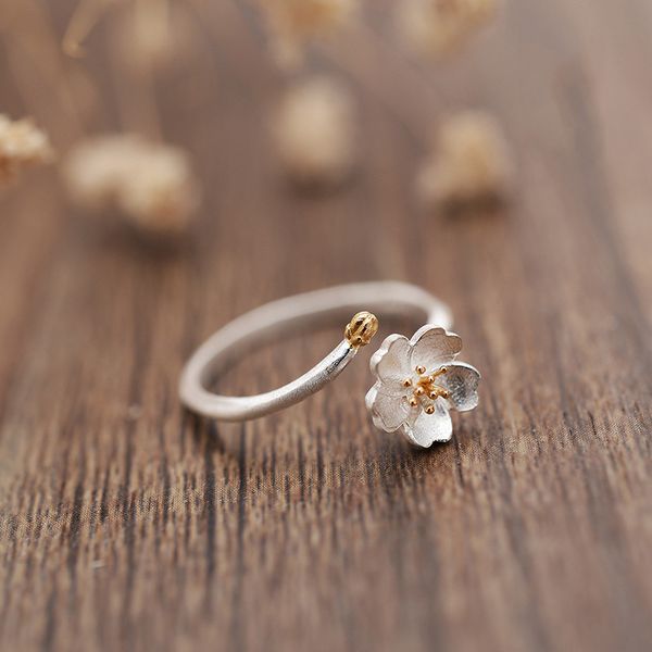 

cluster rings 925 sterling silver cherry blossoms couple for women adjustable, Golden;silver