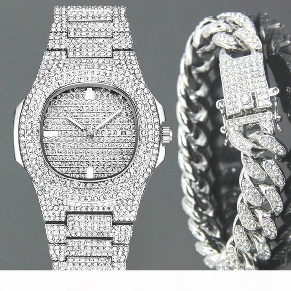 

fashion iced out diamond watch for men women's quartz watches micropave cz hip hop cuban chain bracelet waterproof clock relogio, Slivery;brown