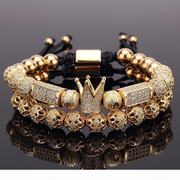

2pcs charm luxury gold bracelet men male stainless steel beads bracelet crown cz zircon braided bracelet dropshipping, Golden;silver