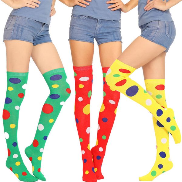 Acrílico Algodão Stocking Menina do presente de Natal Halloween Clown meias de bolinhas roxo vermelho amarelo do palhaço Cosplay Senhora Meias 53cm