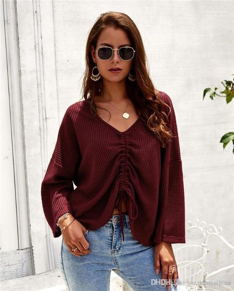 

casual loose panelled ladies with ribbon women pure color fashion tees spring autumn designer v neck female knits, White