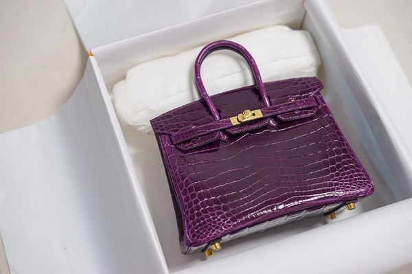 

factory wholesale crocodile skin 25cm purple design briikin bag,fully handmade wax thread,gold and silver hardware,by order about 15days