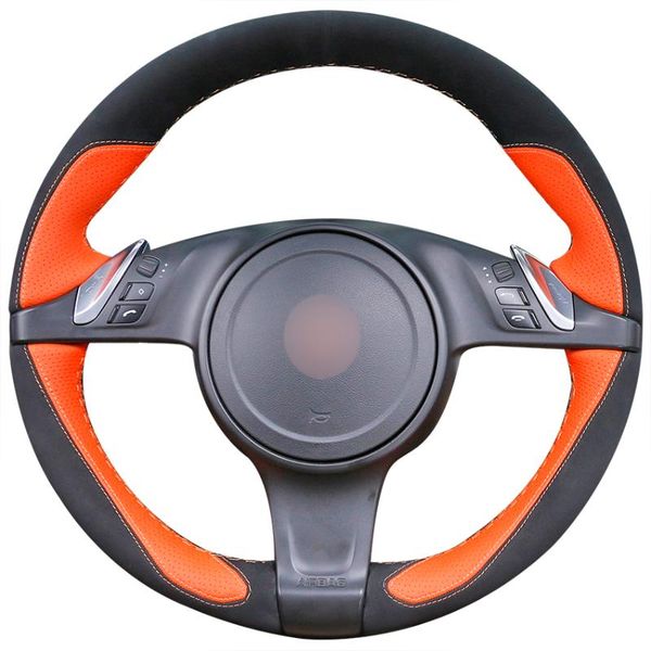 

hand-stitched black suede orange leather anti-slip car steering wheel cover for panamera 2010 2011