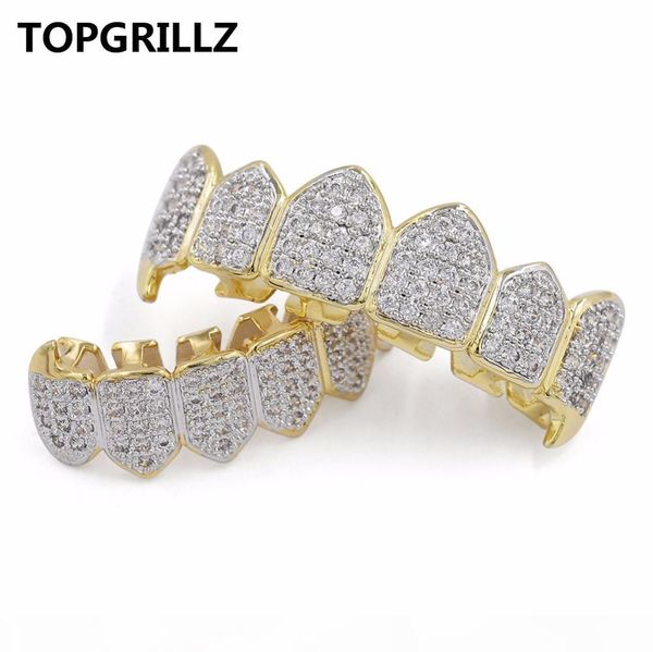 

rillz hip hop grillz iced out zircon fang mouth teeth grillz caps & bottom grill set men women vampire grills, Black