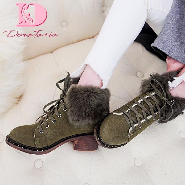 

doratasia new large sizes 43 lace up keep warm plush add fur winter ankle boots shoes woman cow suede leather snow boots, Black