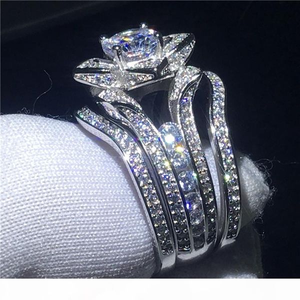 

элегантный цветок кольцо наборы 3-в-1 925 серебряных бриллиантовое обручальное обручальное кольцо кольца для женщин партии ювелирных изделий, Slivery;golden