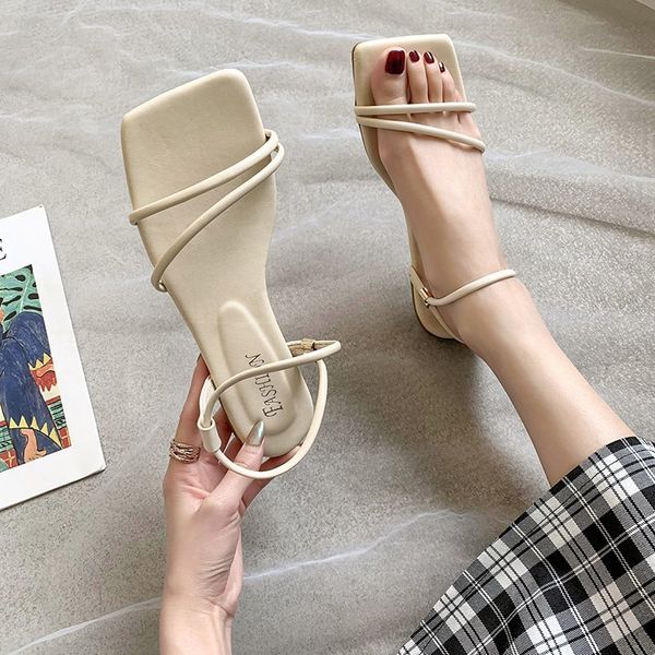 

2020 square toe sandals women flat summer slip on ladies shoes flats female beige blue sandals leather sandels for women, Black