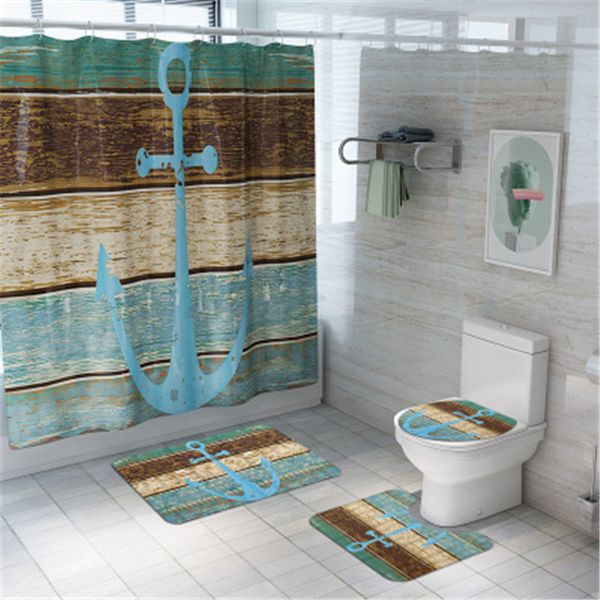 

bath mats 4pcs/set bathroom mat set non-slip planks and anchor coral fleece shower curtain floor washable toilet rug