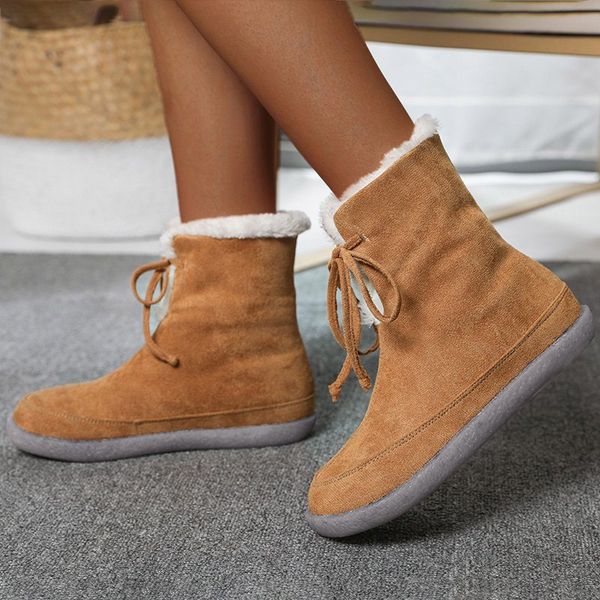 

women snow boots non slip winter ladies flats casual lace up plush warm mid calf shoes fashion footwear female plus size winter, Black
