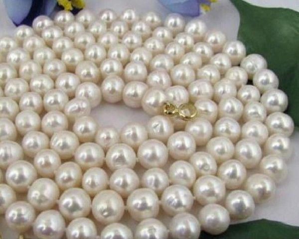 

beautiful 9-10 mm natural genuine white pearl necklace 35inch 50, Silver