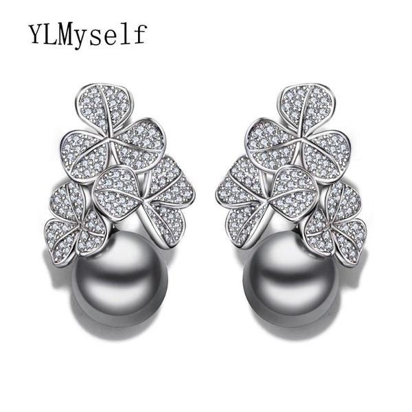 

new year gift fashion flower drop earring statement jewelry pendientes aros with clear crystal and simulated gray pearl earings, Silver