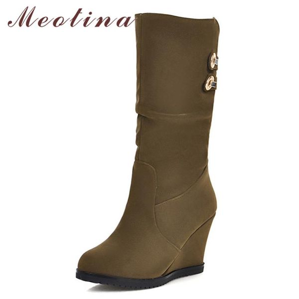

meotina women mid-calf boots shoes metal decoration super high heel boots round toe wedge heels ladies winter black beige