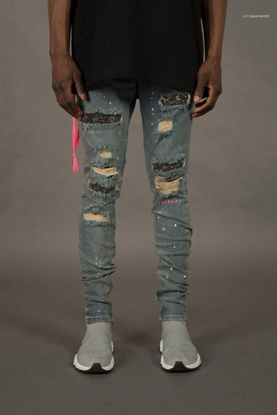 

ornament pencil pants homme zipper fly light washed trousers mens designer jeans fashion holes and rhinestone, Blue