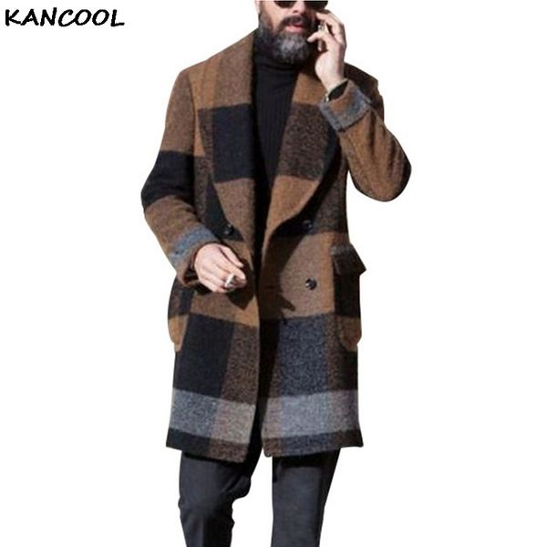 

kancool мужчины шерсть бленды пальто шинель мужчины зима теплая одежда шерсть outwear длинные черный белый плед бленды мужской пальто плюс р, Black