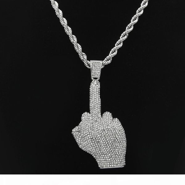 

hip hop рэпер mens ожерелья 18k позолоченный средний палец жест подвеска с 6мм 30inch rope chain полный горный хрусталь bling ожерелье, Silver