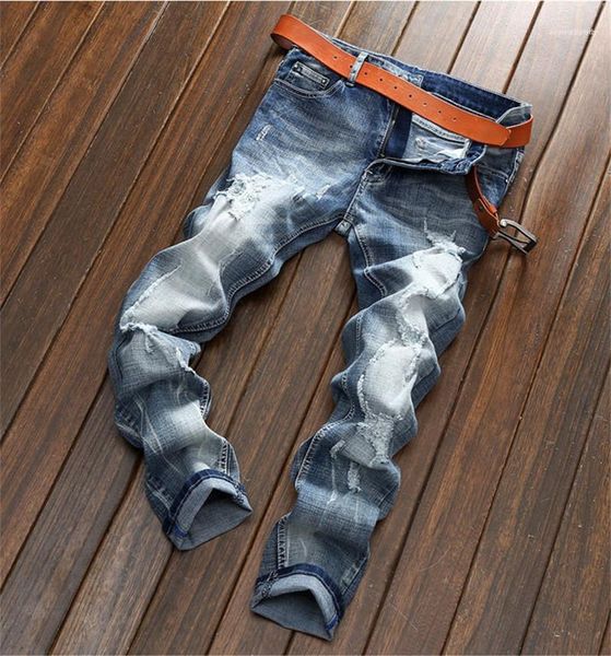 

holes jeans fashion light washed mens classical pencil pants casual mens beggar jeans designer mens ripped, Blue