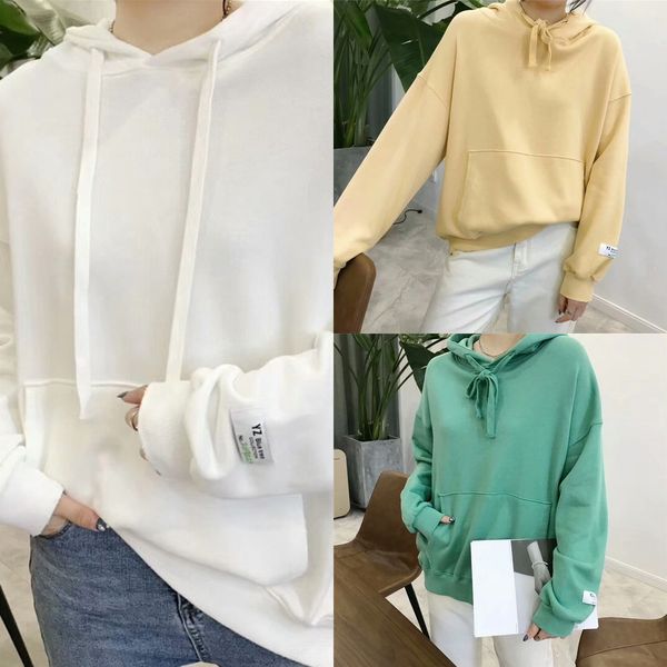 

a2490 blue tree blue tree solid color labeling terry cotton hoodie hoodiefor women korean style large terry cotton casual long sleeve hoodie, Black