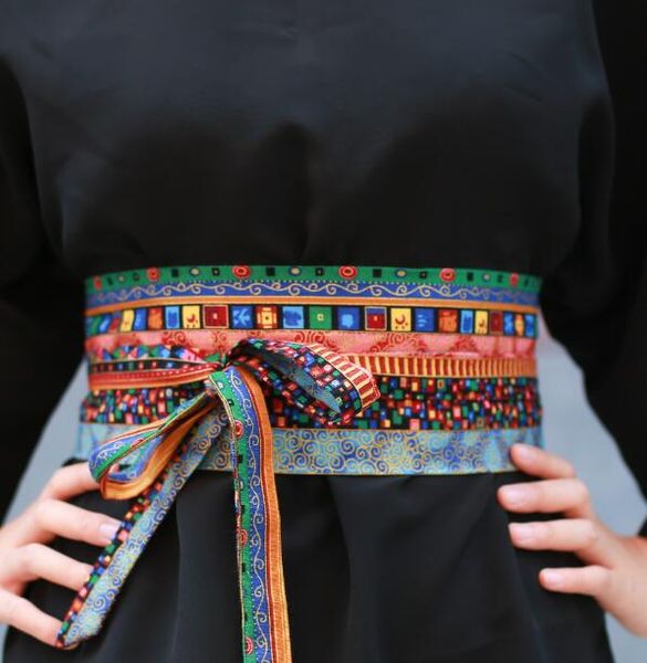 

women's runway fashion vintage print cotton linen cummerbunds female dress corsets waistband belts decoration wide belt r1084, Black;brown