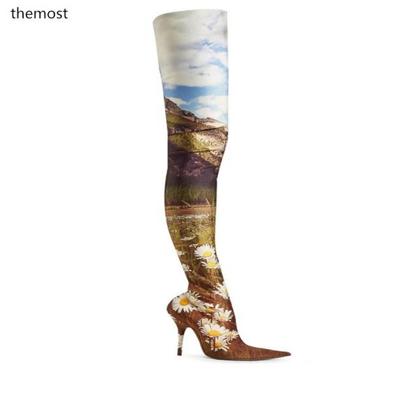 

arqa 2020 europe's latest fashion stretch print ladies thighs women's boots fine with pointed size 34-48 shoes, Black