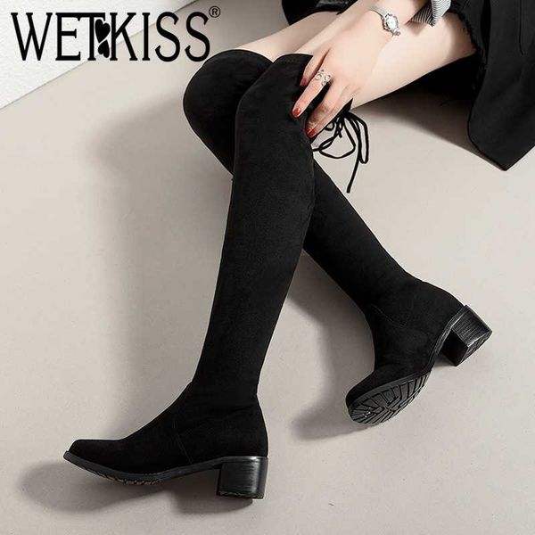 

wetkiss big size 34-43 female stretch over knee boot faux suede square heel thigh high boot lady winter shoe woman footwear, Black