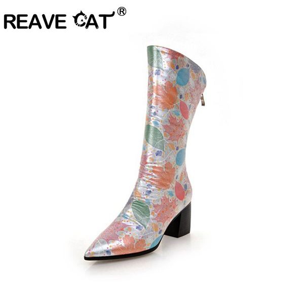 

reave cat designed women flower knee high boots thick heels pointed toe back zipper lady winter autumn shoes wedding party, Black