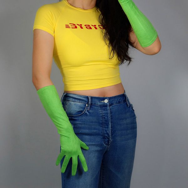 

suede leather long gloves 40cm matte brushed faux leather imitation light green avocado women gloves slim fit wjp43, Blue;gray