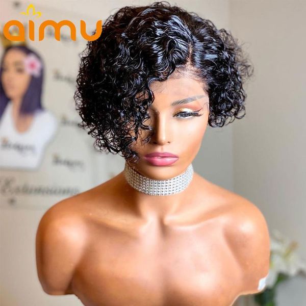 

water wave short bob pixie cut wig 13x4 lace front human hair wigs glueless 4x4 closure wig 180% density pre plucked remy hair, Black;brown