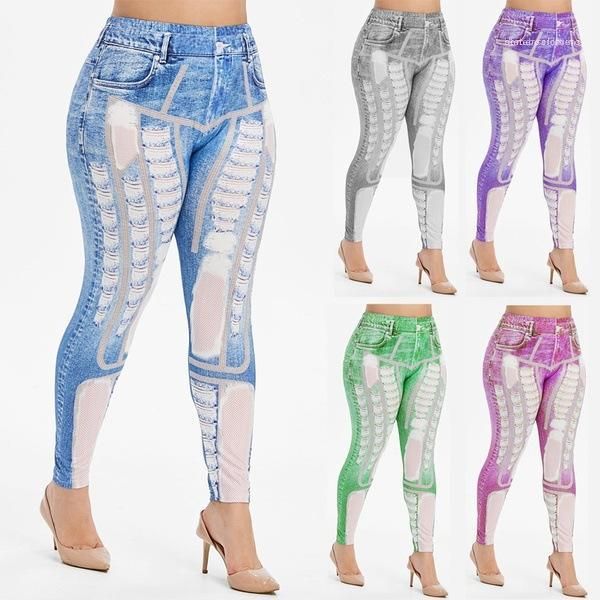 

female casual pencil pants breathable womens designer jeans digital print hole denim trousers skinny solid color, Blue