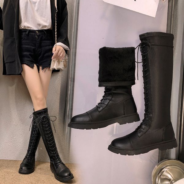 

women knee-high boots natural leather shoes 22-25 cm length 3.5cm heel spring and autumn cow leather zipper chunky heel buckle, Black