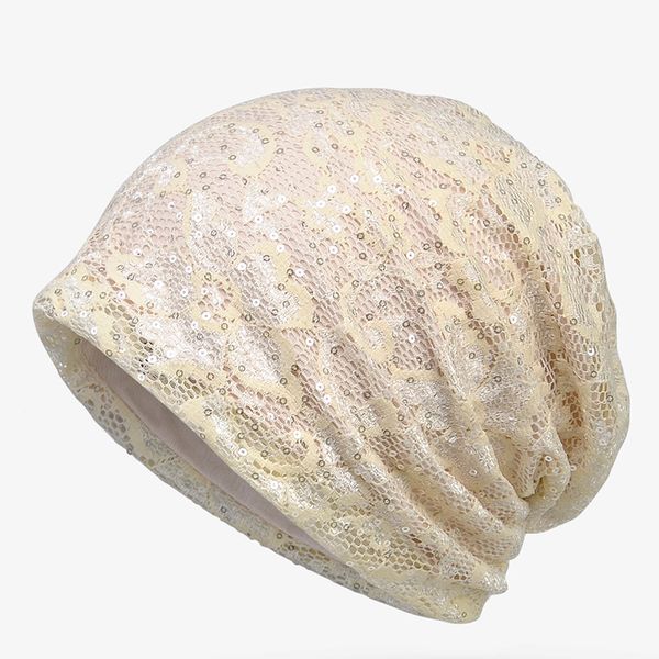 

2020 new thin lady lace turban hat female summer sequins skullies breathable cap women's beanies bonnet for girls, Blue;gray