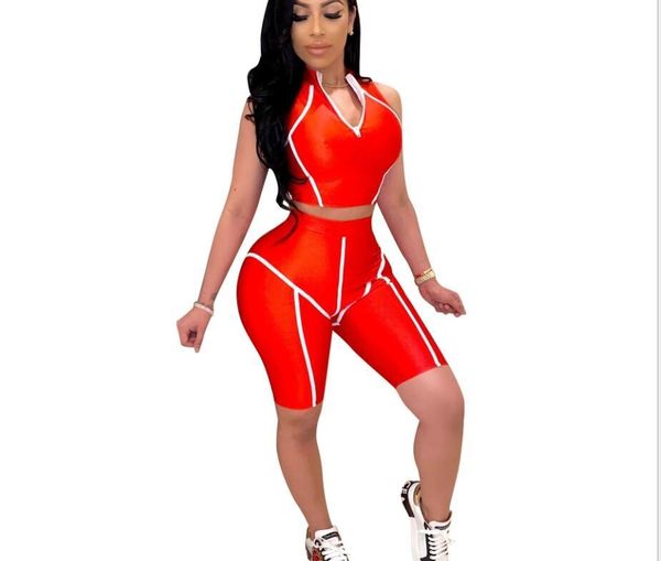 

2020 women shorts sets summer tracksuits fitness sleeveless v-neck crop +shorts two piece set sports suit night club party outfits wf528, Gray